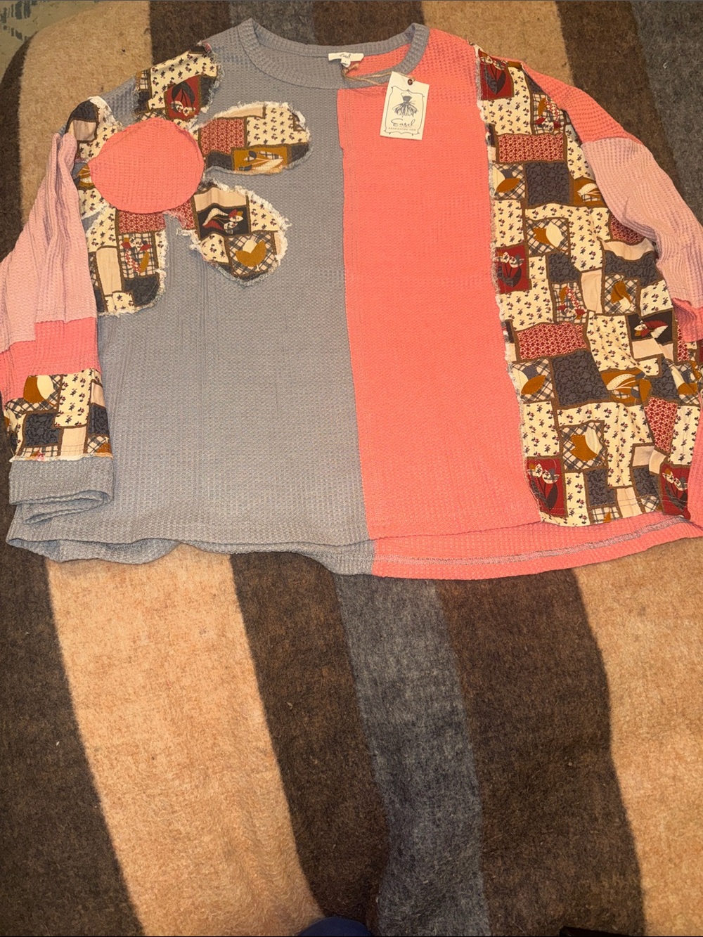easel Pink & Gray Patchwork Long Sleeve Kids Sweater